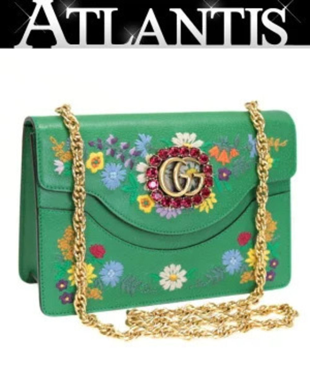 Gucci Floral Cat Chain Shoulder Bag Leather Green